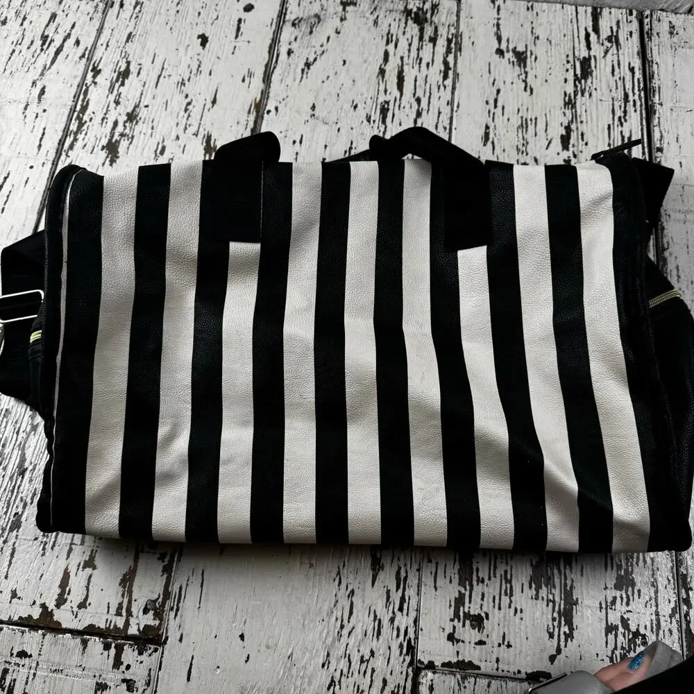 Betsey Johnson Striped Weekender Travel Duffle Bag Black White Floral Interior